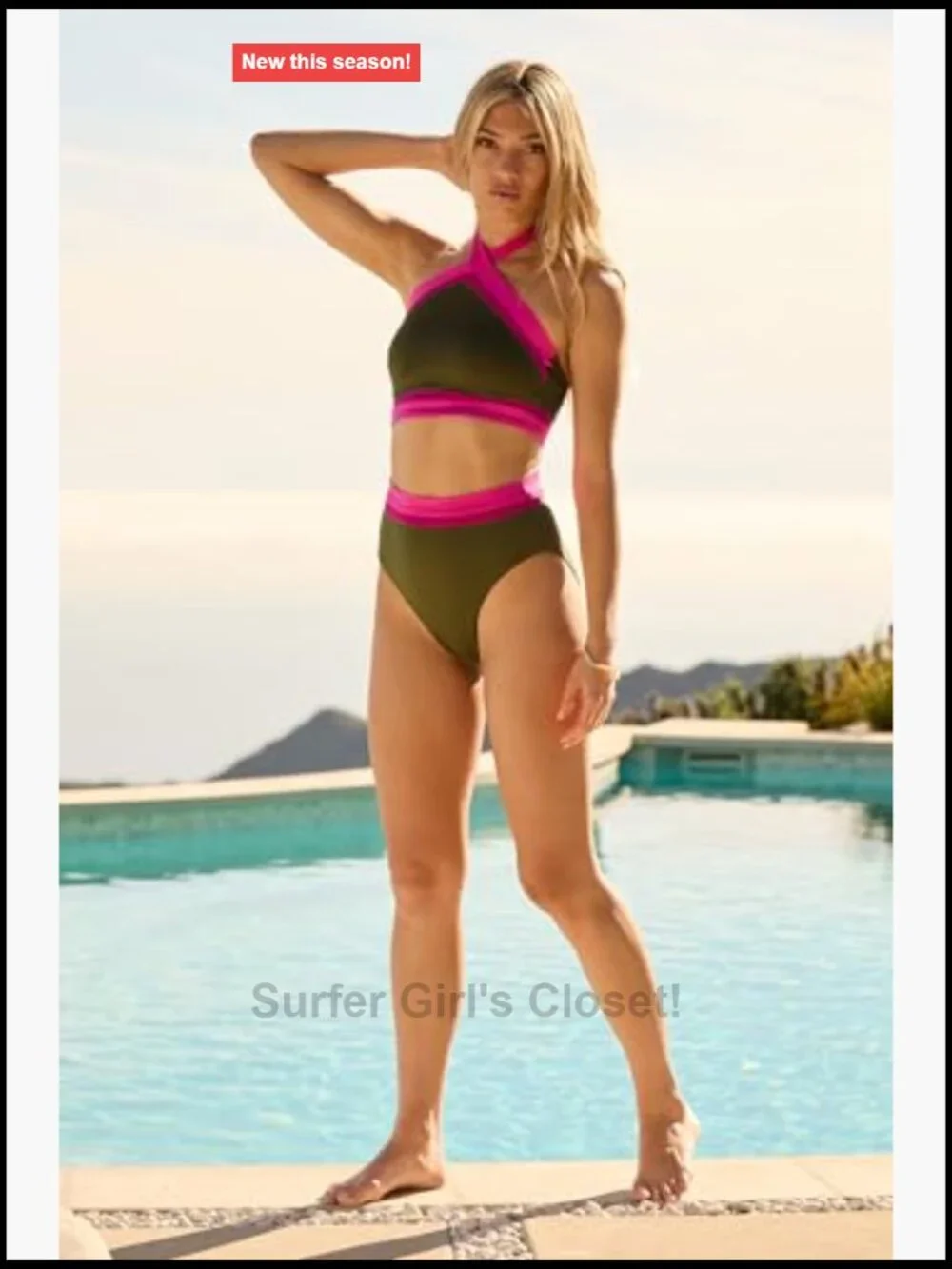 High Neck Bikini Top, Colorblock, Adjustable Tie Back, Swim Separates